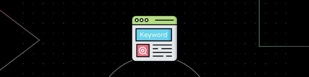 Black background image with a graphic of a website with keyword spelled over it. Depicting that bulking up keywords is a good way to write SEO content faster.